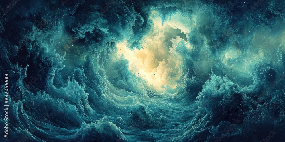 Fototapeta premium Abstract Teal and Yellow Swirling Clouds with Light