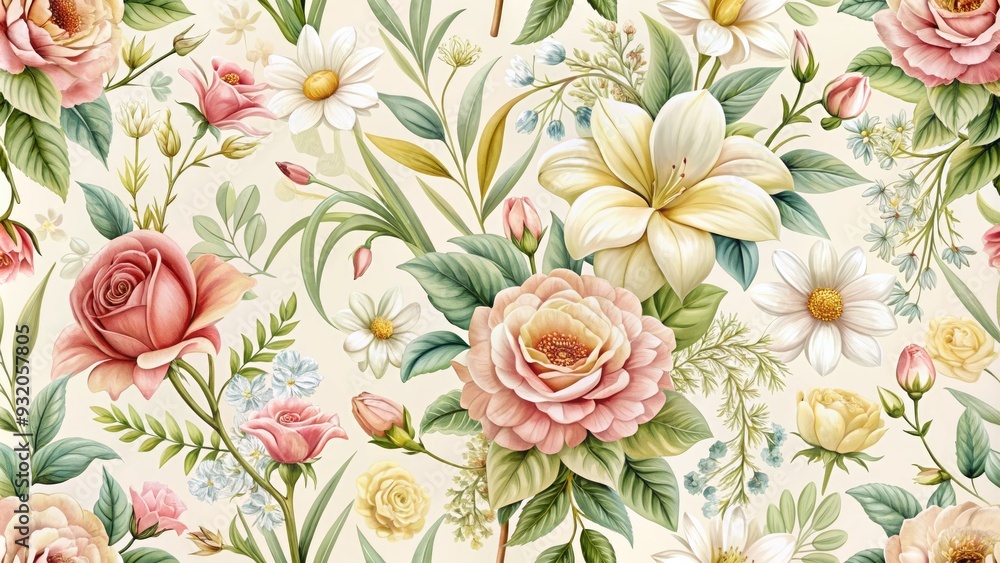 Delicate English floral pattern featuring blooming roses, lilies, and daisies in soft pastel hues on a creamy white background, evoking classic elegance and sophistication. Delicate English floral pattern featuring blooming roses, lilies, and daisies in soft pastel hues on a creamy white background, evoking classic elegance and sophistication.