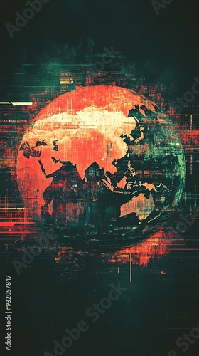 Glitching Digital World Globe with Pixelated Continents on Dark Background - Symbol of Digital Dysfunction