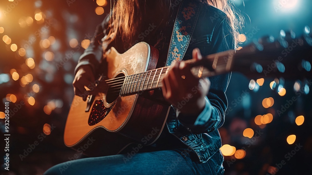 Obraz premium Intimate Acoustic Serenade: Singer-Songwriter's Passionate Performance under Spotlight