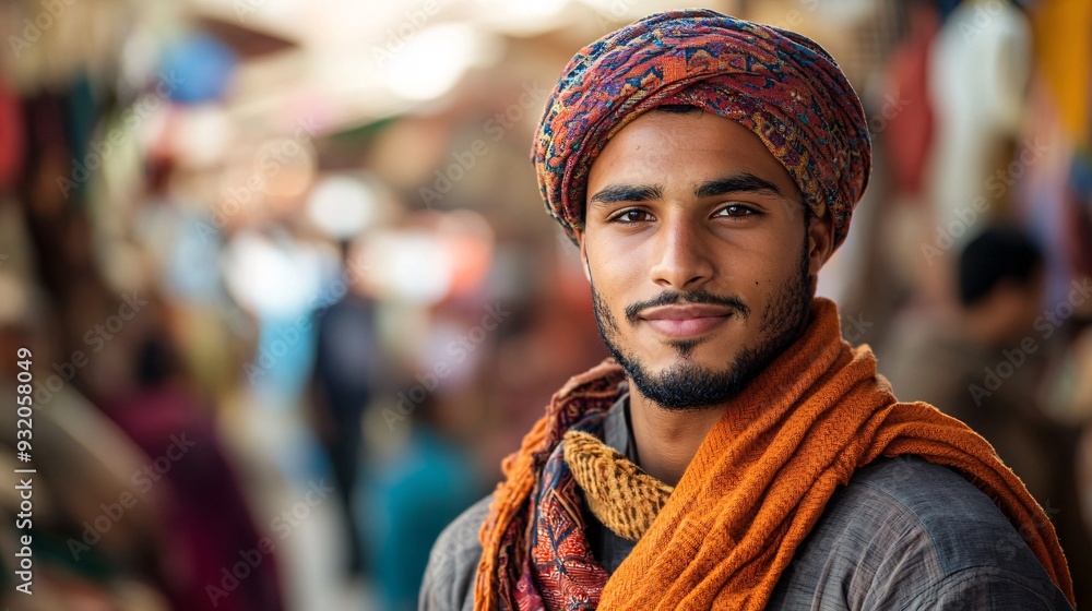 Confident Young Man in Traditional Attire Standing in Vibrant Market Stall Environment Confident Young Man in Traditional Attire Standing in Vibrant Market Stall Environment