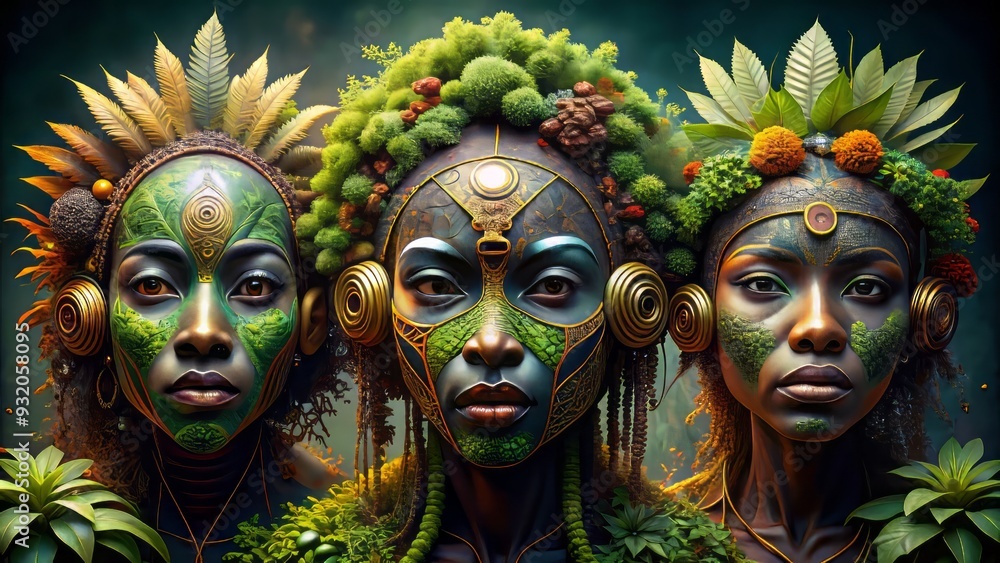 A fusion of African masks with futuristic plant life merges traditional and modern elements in a harmonious blend of cultures and technology. A fusion of African masks with futuristic plant life merges traditional and modern elements in a harmonious blend of cultures and technology.