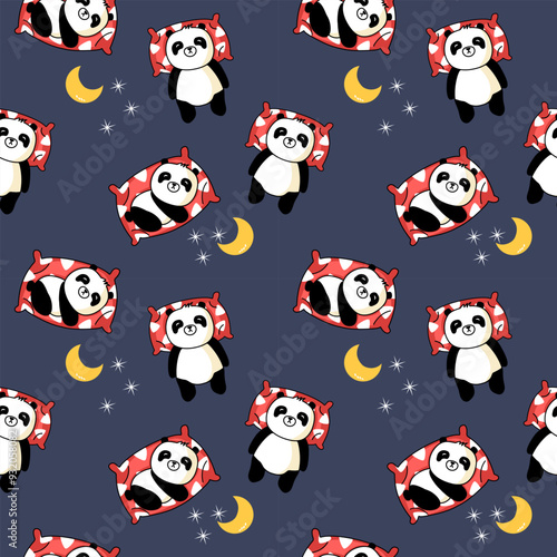 Good night world.Cartoon so cute panda sleep on pillow red.moon star background.pattern seamless vector and illustration.