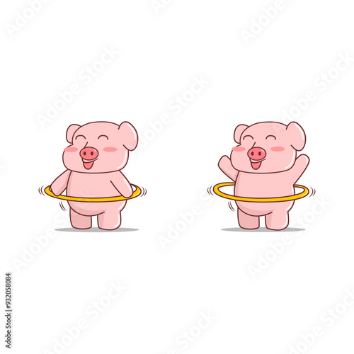 Pig cartoon so cute character doing exercise with hula hoop.Fitness and healthy lifestyle.vector and illustration.