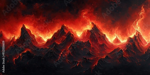 Abstract Mountain Range with Fiery Eruptions and Lava Flows