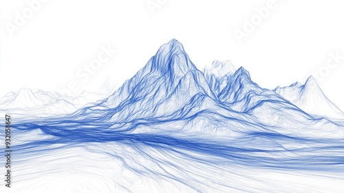 Wireframe mountain landscape with river, accented with blue lines, minimal and abstract on white. photo