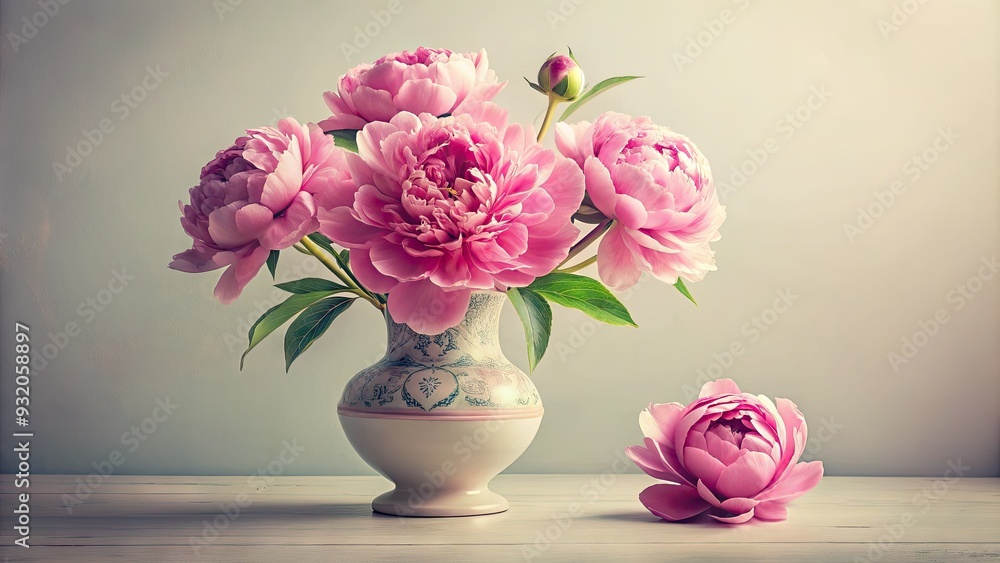 Delicate, hand-drawn illustration of a vibrant pink peony bloom nestled in a elegant, ornate vase, set against a soft, creamy white background.