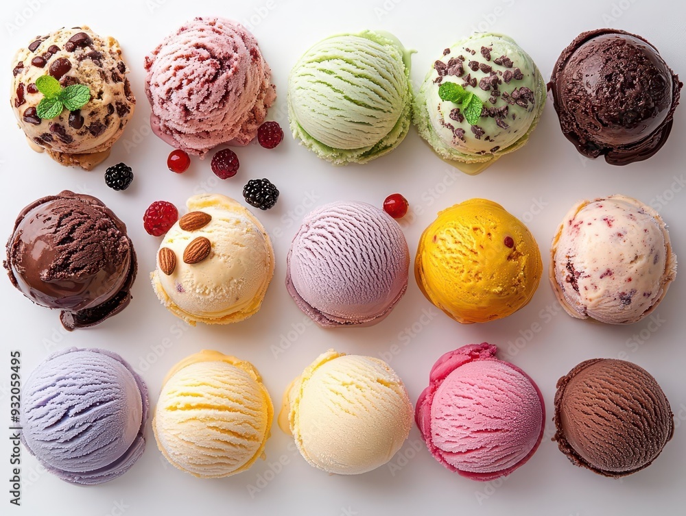 artful arrangement of colorful ice cream scoops with creative toppings vibrant flavors and textures pop against clean white background enticing viewers with a sweet visual feast artful arrangement of colorful ice cream scoops with creative toppings vibrant flavors and textures pop against clean white background enticing viewers with a sweet visual feast