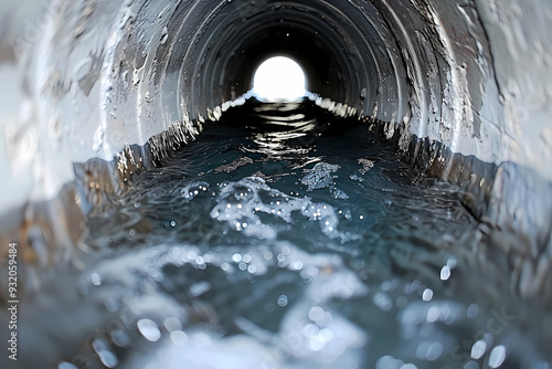 Water flows steadily through a weathered concrete sewer pipe