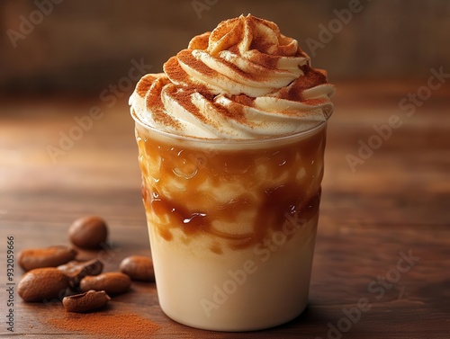 artfully crafted iced caramel macchiato with layers of rich espresso velvety milk and golden caramel drizzle garnished with a swirl of whipped cream and a dusting of cinnamon