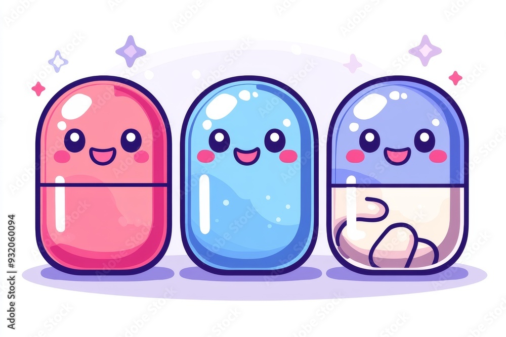 Obraz premium Vibrant and adorable cartoon capsule characters with happy faces on a light background representing the joyful and friendly side of healthcare