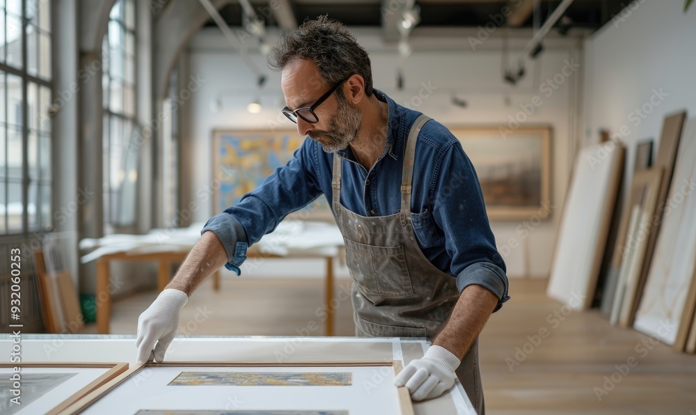 Craftsman Inspecting Framed Art Piece in Studio Craftsman Inspecting Framed Art Piece in Studio