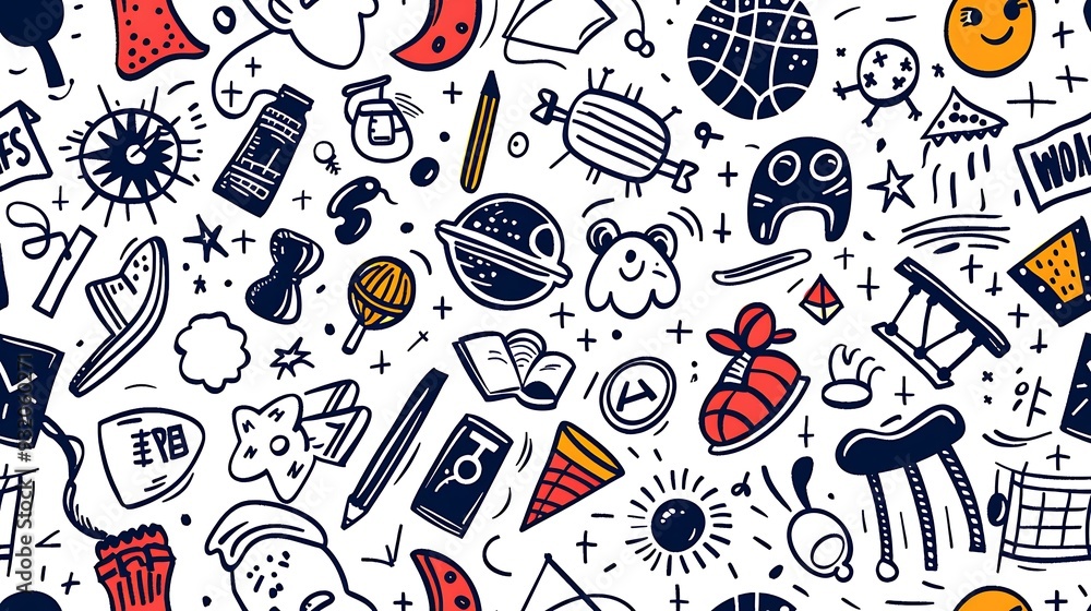 A seamless pattern of doodles with recess fun items such as swings, slides, jump ropes, and hopscotch patterns, mixed with playground balls and seesaws, in a vibrant and playful color scheme,