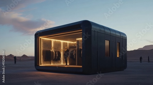 Fototapeta Naklejka Na Ścianę i Meble -  a small pop up street clothing shop that resembles a black cargo shipment box on an alien desert
