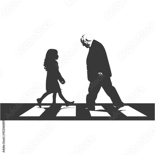 A girl and an elderly man walk on a crosswalk in silhouette