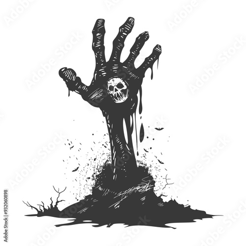 A Ghastly Hand Emerges from the Grave with a Skull Embedded in its Palm