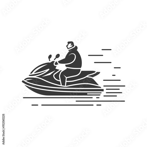 Silhouette of a person riding a jet ski with speed lines
