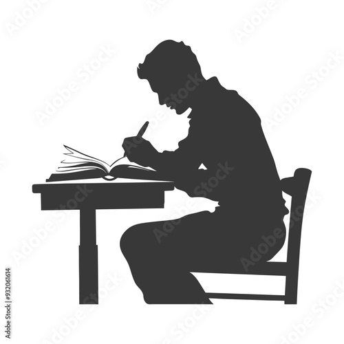 Silhouette of a Person Sitting at a Desk Writing in a Book