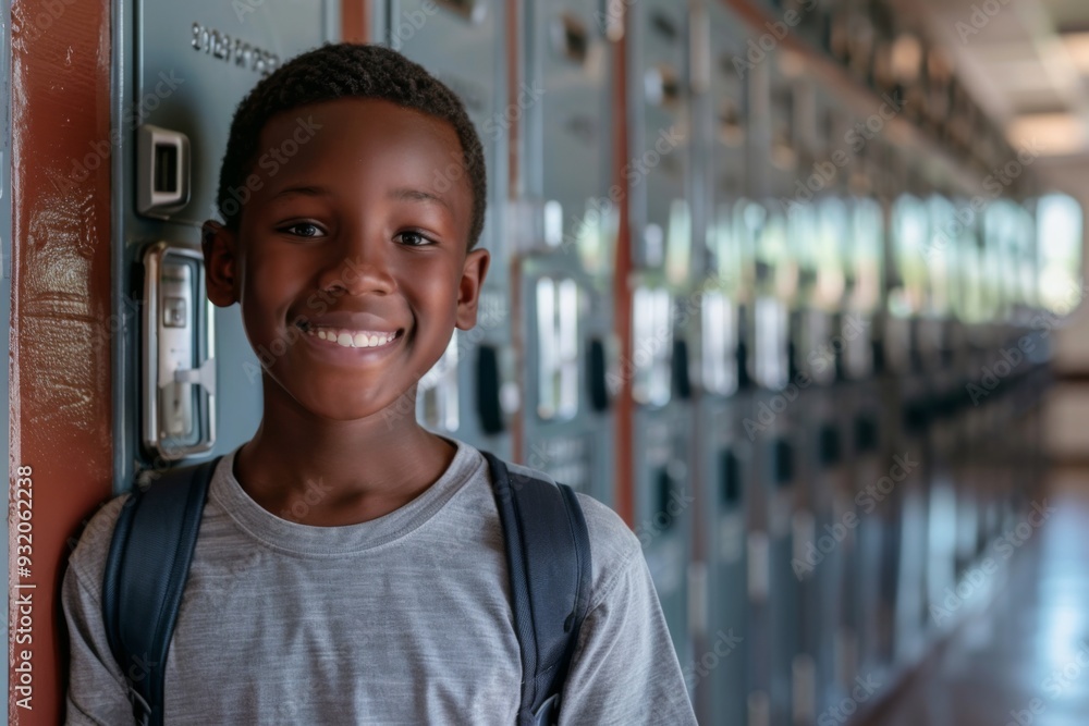 Portrait of a smiling black boy in school hallway Portrait of a smiling black boy in school hallway