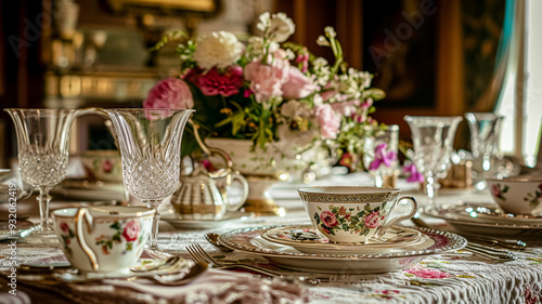 Delightful afternoon tea spread featuring a tiered cake stand brimming with cupcakes, scones, and sweet pastries, accompanied by a floral porcelain tea set