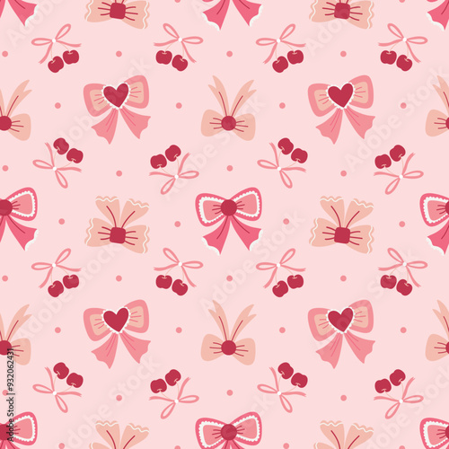 Coquette Aesthetic Ribbons and Cherries on Pastel Pink Seamless Pattern Design