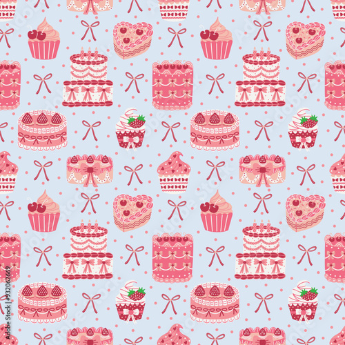 Coquette Aesthetic Cakes and Cupcakes on Pastel Blue Seamless Pattern Design