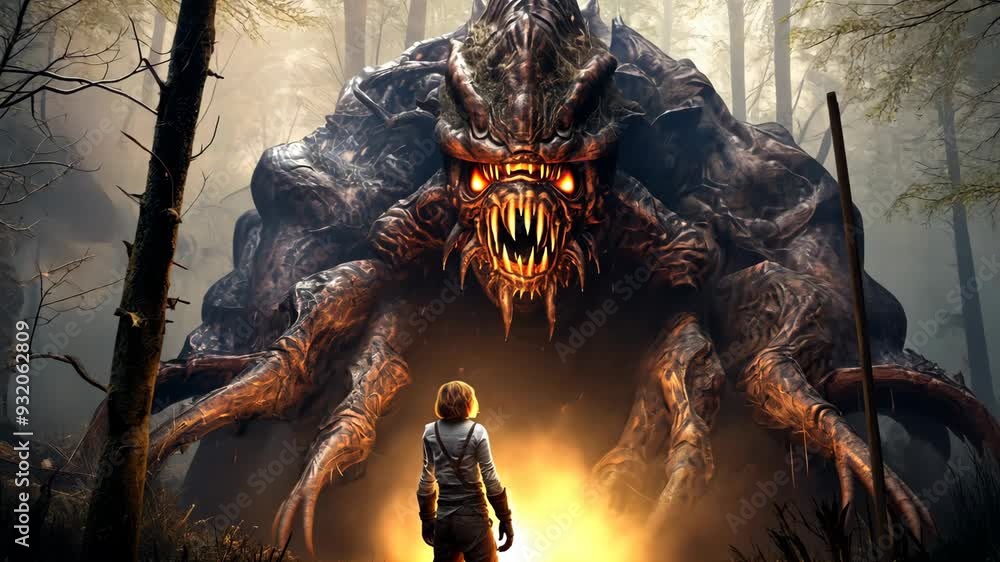 In a haunting forest, a lone figure stands resolute against a terrifying creature, illuminated by eerie light as darkness encroaches In a haunting forest, a lone figure stands resolute against a terrifying creature, illuminated by eerie light as darkness encroaches