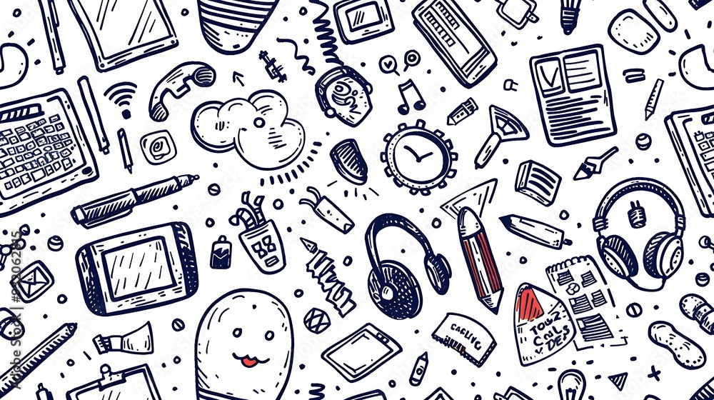A seamless pattern of doodles with tech class essentials such as laptops, tablets, headphones, and coding symbols, alongside fun items like circuit boards and microchips, A seamless pattern of doodles with tech class essentials such as laptops, tablets, headphones, and coding symbols, alongside fun items like circuit boards and microchips,