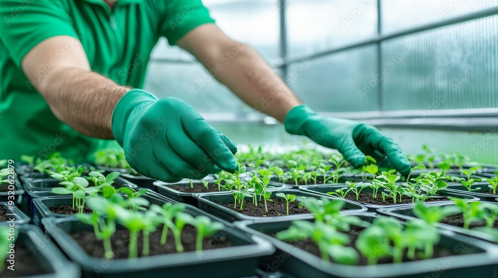 A gardener transplanting seedlings in a greenhouse, with trays of young plants all around A gardener transplanting seedlings in a greenhouse, with trays of young plants all around