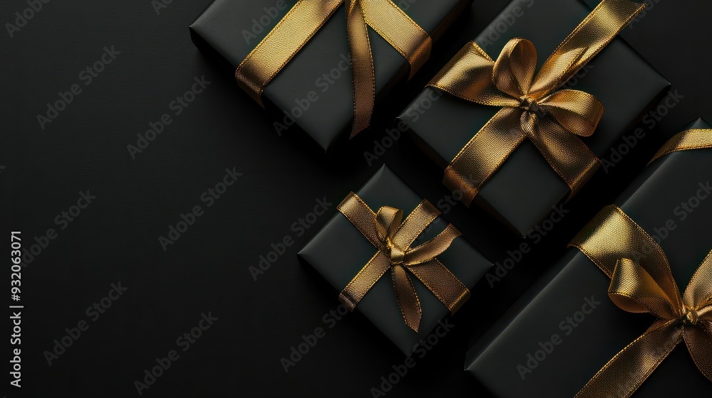 Black gift boxes with gold ribbon on black background. Flat lay, top view. Black gift boxes with gold ribbon on black background. Flat lay, top view.