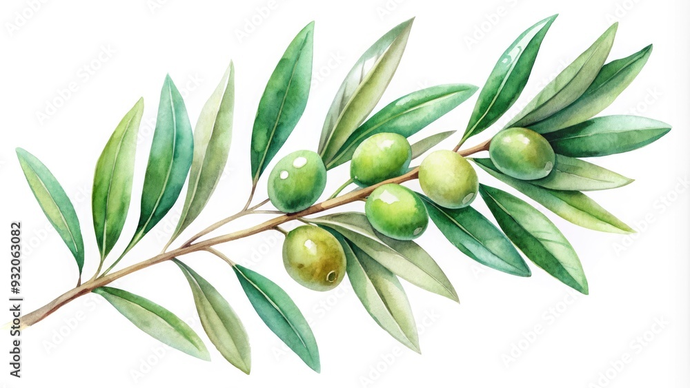 Delicate watercolor illustration of a lone olive branch with lush green leaves and a few ripe olives, set against a soft, serene white background. Delicate watercolor illustration of a lone olive branch with lush green leaves and a few ripe olives, set against a soft, serene white background.