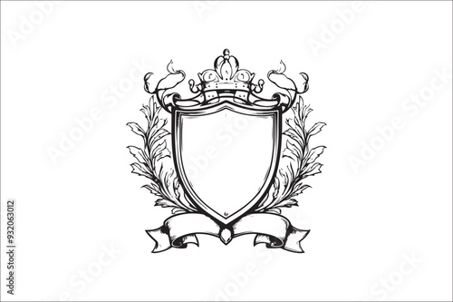 
Crown headed Shield silhouette.  Heraldic emblem crest shield with crown on white background.