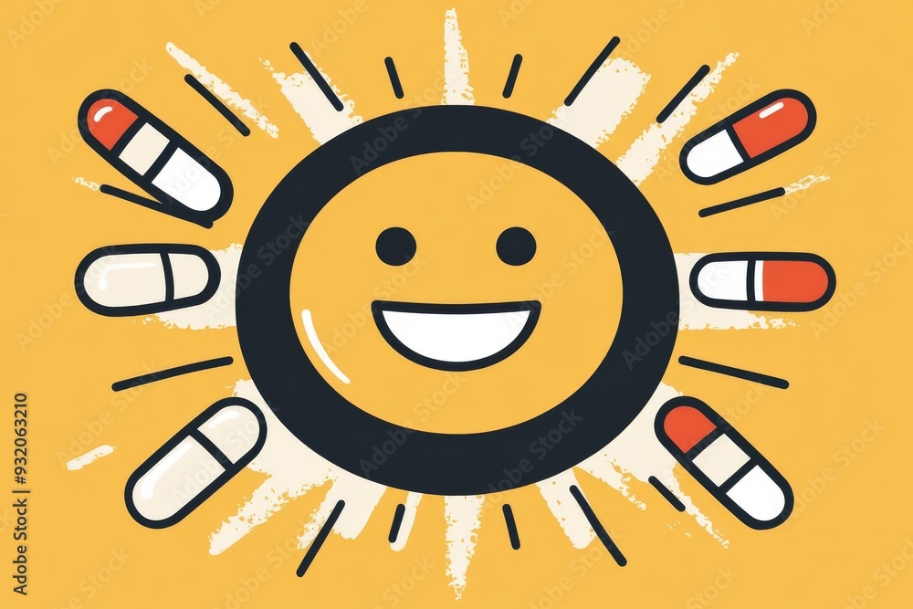 Radiating smiley face surrounded by capsules on a bright yellow background symbolizing the joy and positive energy associated with health and wellness Radiating smiley face surrounded by capsules on a bright yellow background symbolizing the joy and positive energy associated with health and wellness