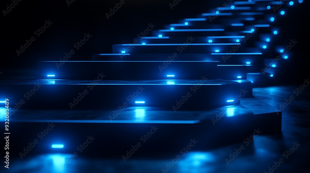 Illuminated Blue Floating Steps in Dark Space - 3D Render Low Angle View Illuminated Blue Floating Steps in Dark Space - 3D Render Low Angle View