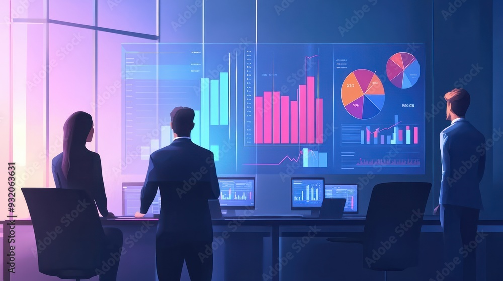 business people working in office, looking to different charts with growing revenue in the future business people working in office, looking to different charts with growing revenue in the future
