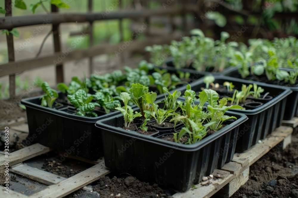 Plastic pots with various vegetables seedlings Plastic pots with various vegetables seedlings