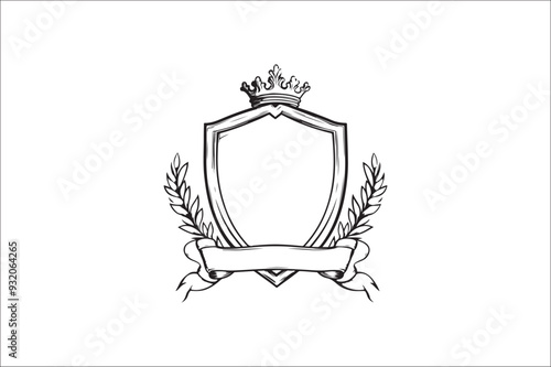 
Crown headed Shield silhouette.  Heraldic emblem crest shield with crown on white background.