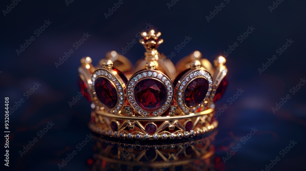 A beautifully crafted crown glimmers with red gemstones, set against a rich, dark backdrop A beautifully crafted crown glimmers with red gemstones, set against a rich, dark backdrop