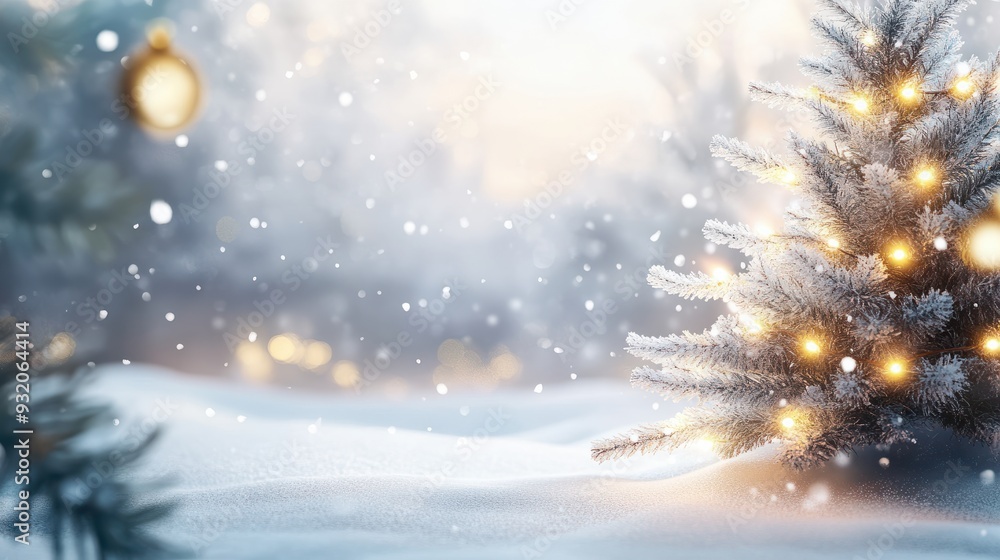 Christmas tree and christmas lights on abstract snowy landscape background, xmas background concept with advertising space Christmas tree and christmas lights on abstract snowy landscape background, xmas background concept with advertising space