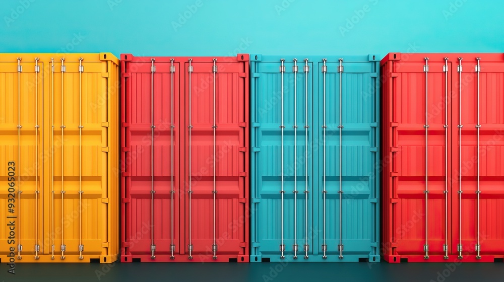 Fototapeta premium Colorful shipping containers in vibrant hues create a striking visual against a teal background, perfect for transportation themes.