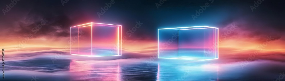 Two glowing neon cubes in a dreamy landscape. Two glowing neon cubes in a dreamy landscape.