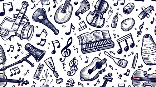 A seamless pattern showcasing doodles of musical instruments like guitars, violins, and pianos, mixed with musical notes and sheet music, in a lively and vibrant color palette,