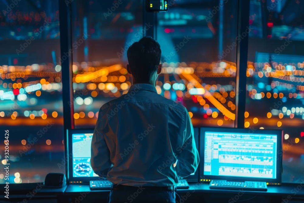 Rear view of a air traffic controller at his position Rear view of a air traffic controller at his position