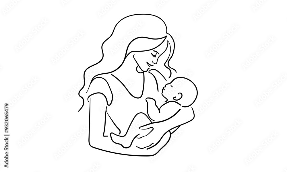 Fototapeta premium Mother and child continuous line art drawing isolated on white background. Mother day. Vector illustration