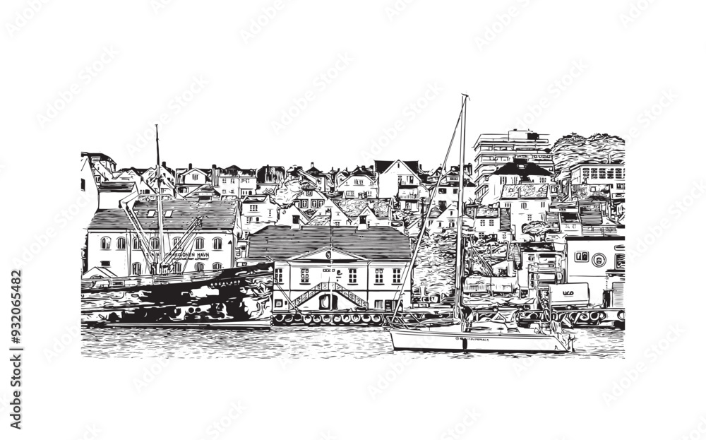 Print Building view with landmark of Stavanger is the city in Norway. Hand drawn sketch illustration in vector. Print Building view with landmark of Stavanger is the city in Norway. Hand drawn sketch illustration in vector.