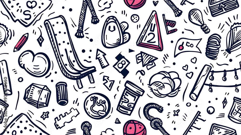A seamless pattern showcasing doodles of recess essentials such as jump ropes, hopscotch patterns, and swings, mixed with playground balls and slides, in a vibrant color palette, A seamless pattern showcasing doodles of recess essentials such as jump ropes, hopscotch patterns, and swings, mixed with playground balls and slides, in a vibrant color palette,