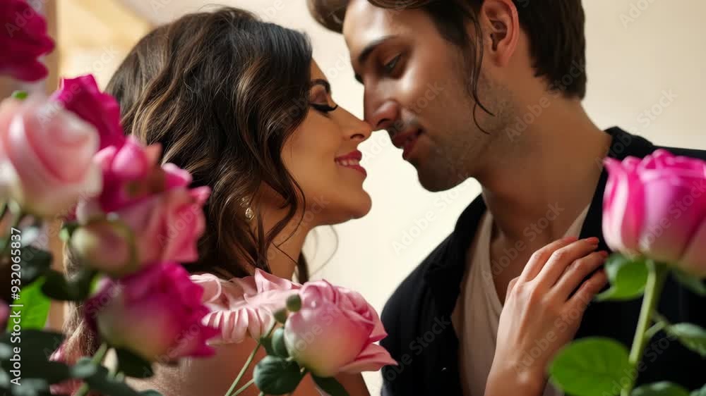 A couple shares an intimate moment, eyes closed, surrounded by vibrant flowers as rain gently falls outside A couple shares an intimate moment, eyes closed, surrounded by vibrant flowers as rain gently falls outside