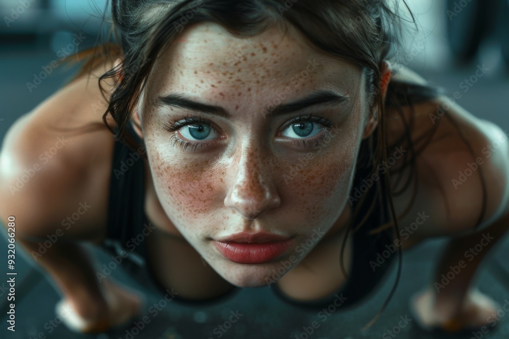 Close up of young woman in gym doing intense push up Close up of young woman in gym doing intense push up