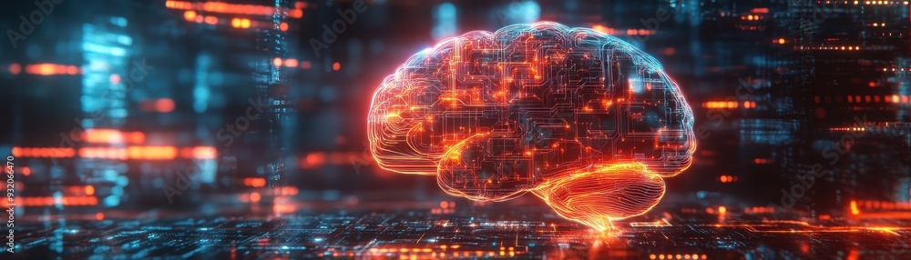 Obraz premium Glowing neon circuits forming a human brain floating in a digital space