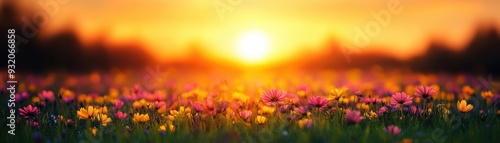 A vibrant field of wildflowers bathed in warm sunset light, showcasing nature's beauty and tranquility.